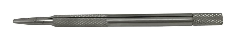 Stainless steel blade holder with diamond knurling and a slotted tip.