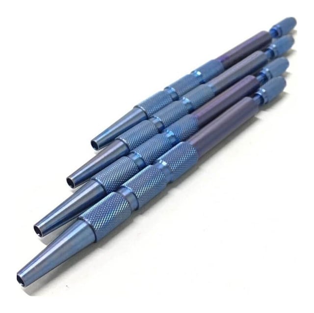Four anodised titanium punch handles with hollow tips and knurled grips.